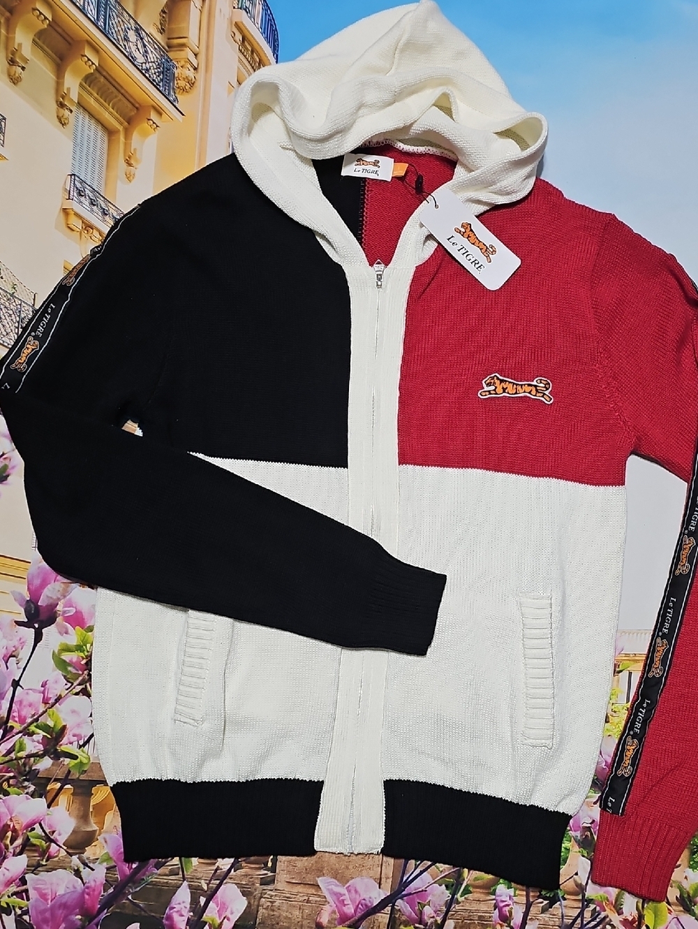 Le Tigre Red White Black Zip-Up Hoodie Knit Sweater with Tiger Motif Large New